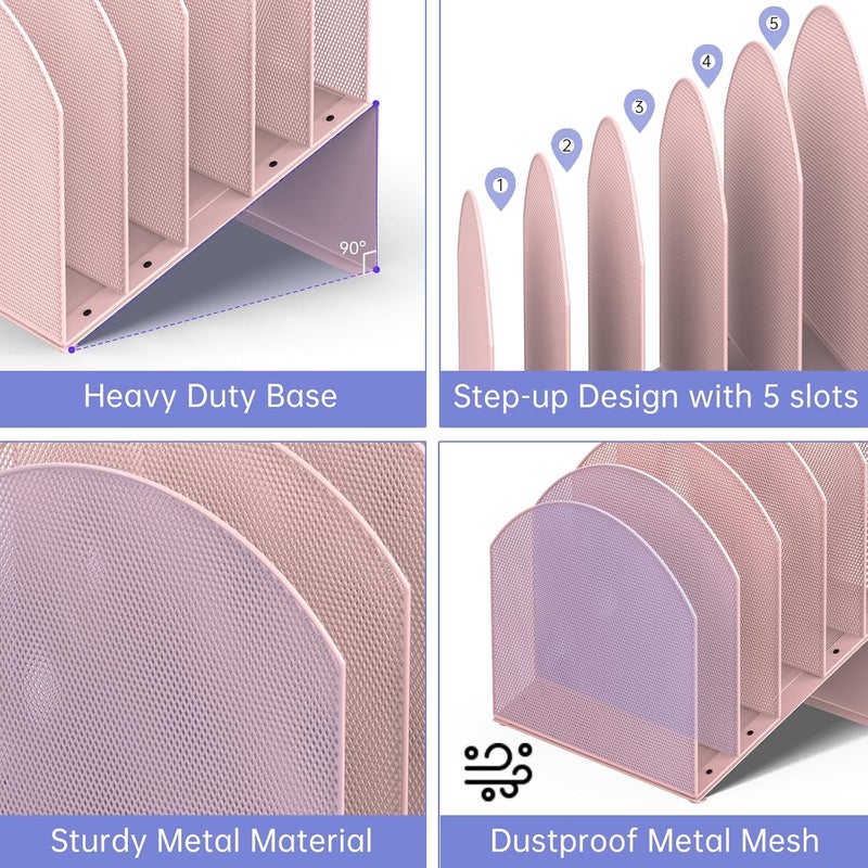 ReePlan Desk File Organizer, Vertical File Folder Organizer with 5-Section, Document & Record Holder and Storage for Home Office School, Pink - Image 4